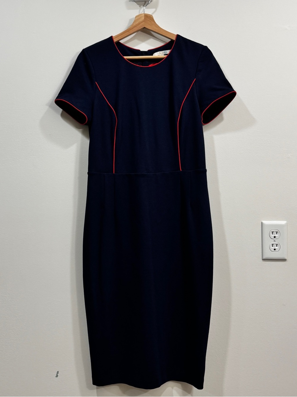 Boden Navy Red Piped Sheath Dress Midi Short Sleeve US 10 / UK 14